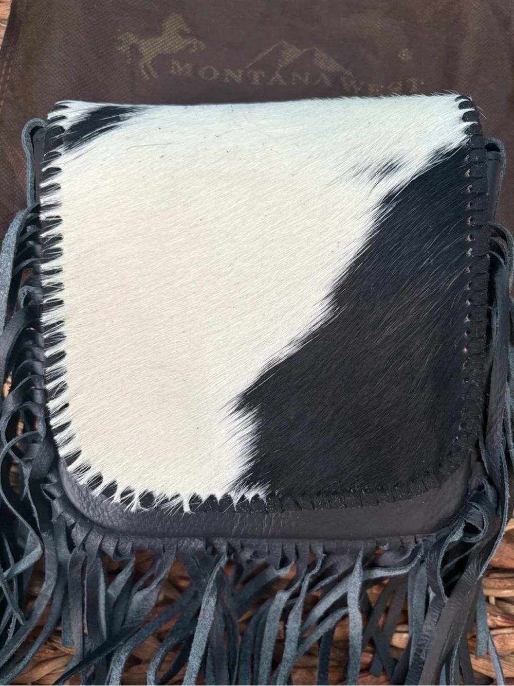 Montana west by wrangler-Genuine Leather-Hairon-Black Cow print fur-fringe bag
